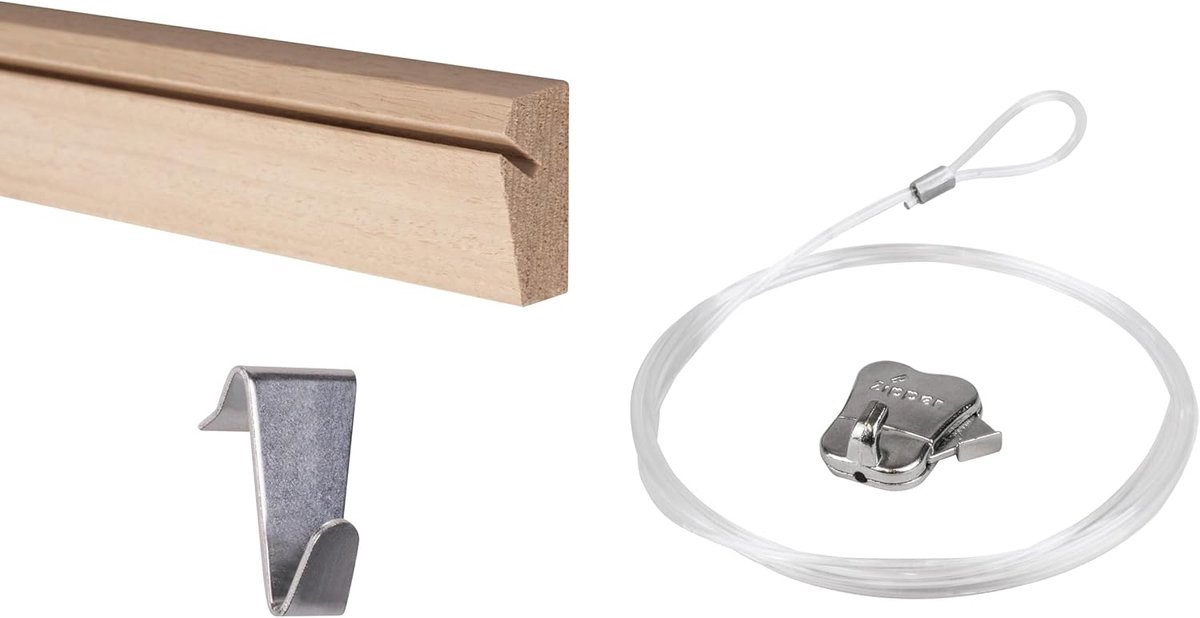 Thijox - STAS Houten Schilderijrail 120cm - Ophangsysteem voor Schilderijen, Fotolijsten en Posters - Inclusief Riva Haak, Koord met Lus 150cm en Zipp