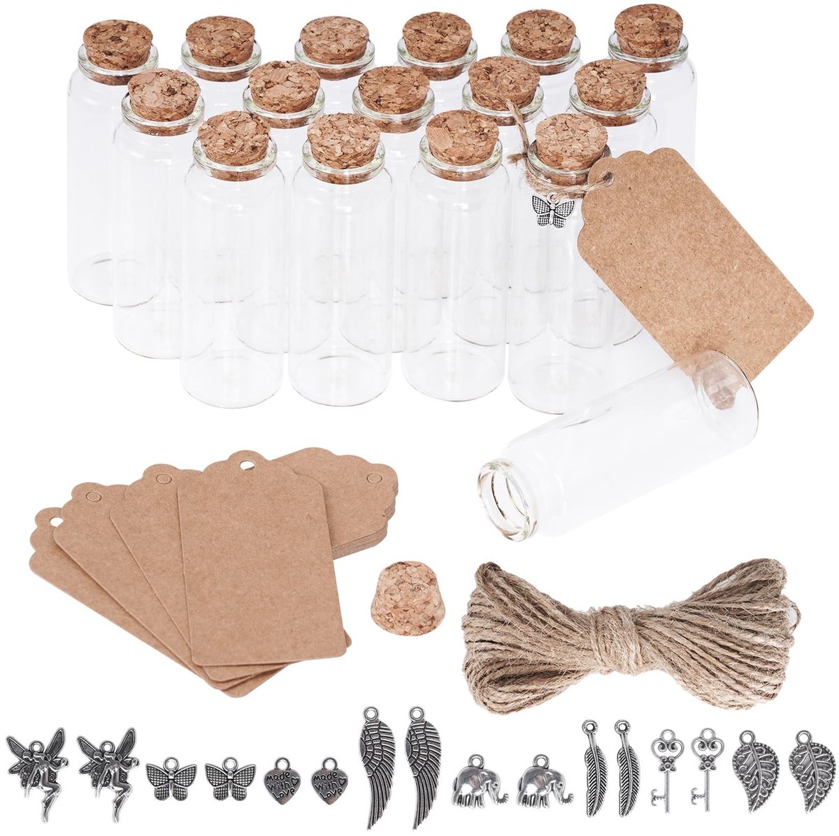 Dailygoods- Mini-flessen Set van 16 - Glazen Flessen met Kurk - Vulbaar voor Decoratie - DIY/Hobby - Transparant en Duurzaam - Inclusief Hangers - Glazen Potjes