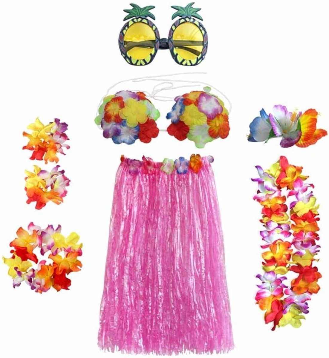 Hula Rok Kostuum Set voor Volwassenen met Bloemen Bikini Top, Hibiscus Haarclip en Ananas - Perfect voor Tropische Feestjes, Zomer Evenementen en Hawaii Thema Party's