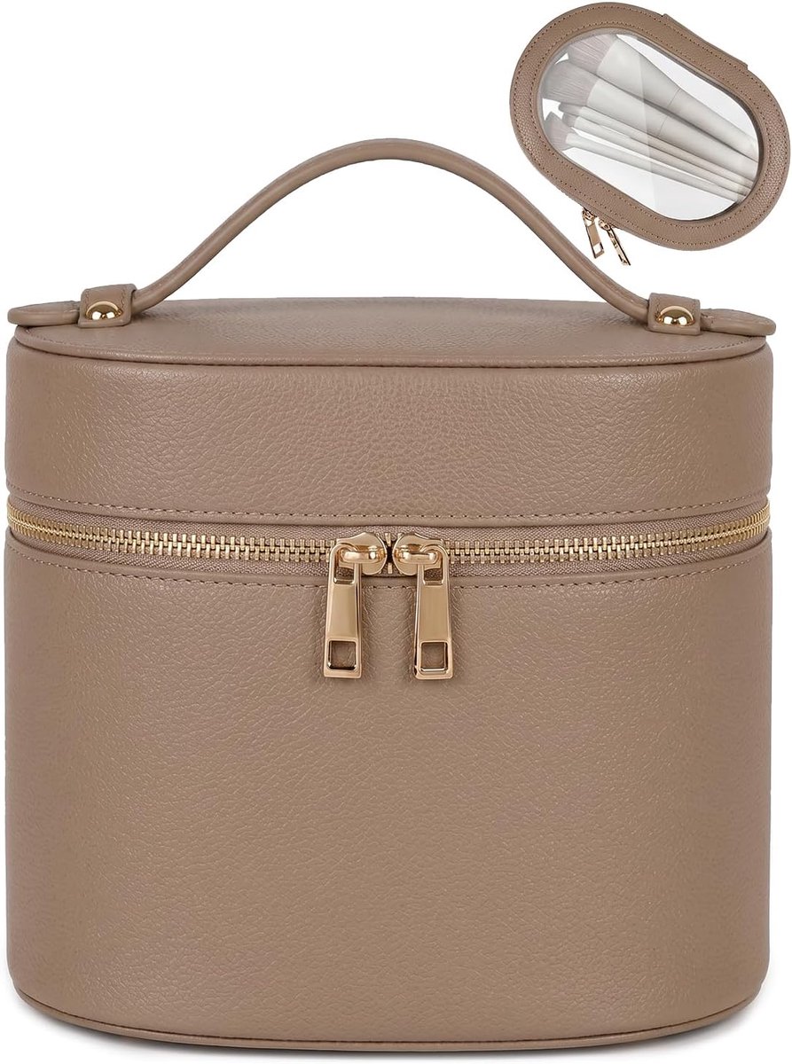 Thijox - 2 Stuks Dames Make-uptas, Vanity Case, Reistoilettas, Draagbaar, Hard Leer, Scheidingswand, Afneembare Borsteltas, Taupe, 20x14,5x16cm, Cosme