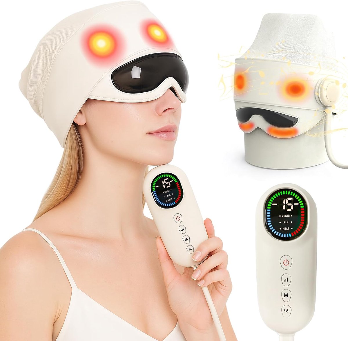 Thijox - 2-in-1 Hoofdmassageapparaat met Luchtkussenmassage en Oogwarmte, 5-Zone Ontspanning, 4 Massagemodi, 3-Traps Warmtecompres, Stressvermindering