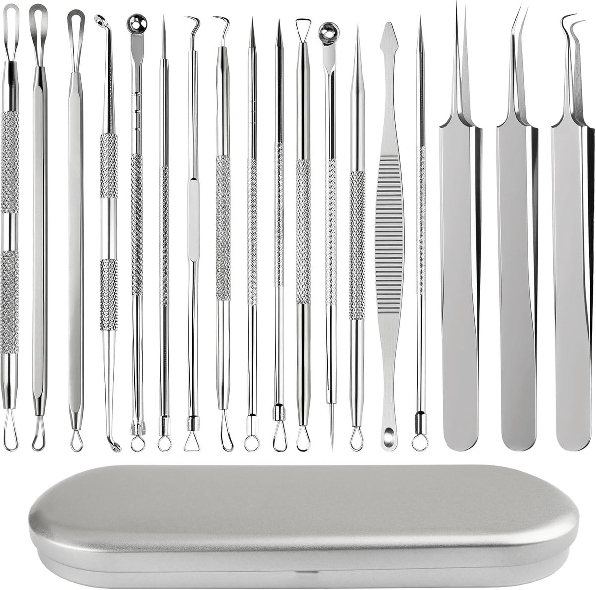 SnelShoppen - Blackhead Remover Set 18 Stuks, Professionele Comedone Extractor van RVS, Acne Verwijder Tool Kit met Opbergdoos voor Zwarte Puntjes, Wi