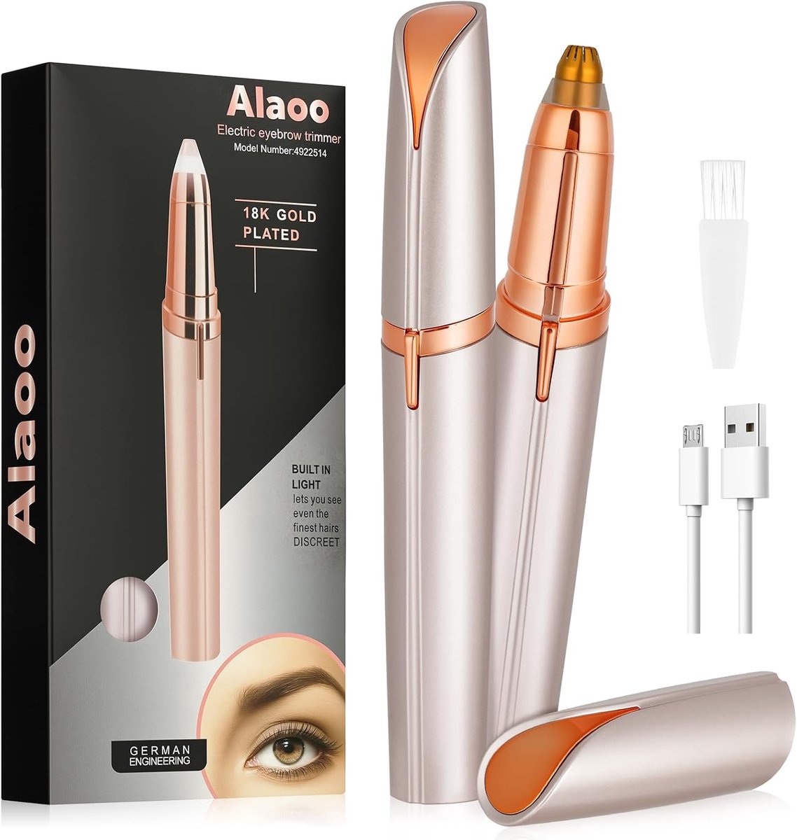 Thijox - Wenkbrauwtrimmer voor Vrouwen, Elektrische Gezichtsepilator, Oplaadbaar via USB, LED-Licht, Voor Lichaams-, Gezichts- en Kaakhaar, Champagne