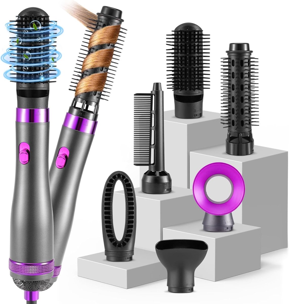 Thijox - 6-in-1 Air Styler Haarstyler-Blazerborstel, 1000 W Draagbare Haardrogerkam met 6 Accessoires, Natte en Droogföhnkam, Automatische Krultang, S