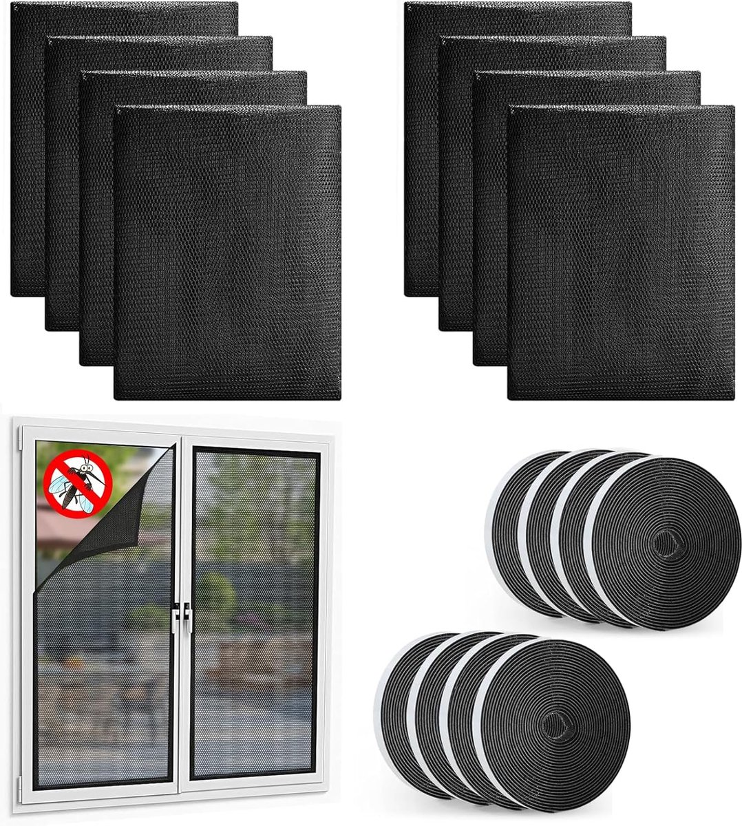 Inovra - Vliegengaas voor ramen, 130 x 150 cm, insectenbescherming voor ramen met innovatief klittenband, vliegengaas, zonder boren, raamgaas, insectenbescherming, van polyester, 8 stuks, zwart