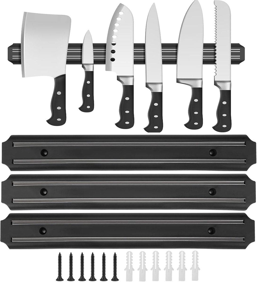 Thijox - 3 Stuks Magnetische Messenhouder 33cm Zwart Roestvrij Staal | Sterke Messen Organizer voor Keuken, Kantoor en Gereedschapskamer