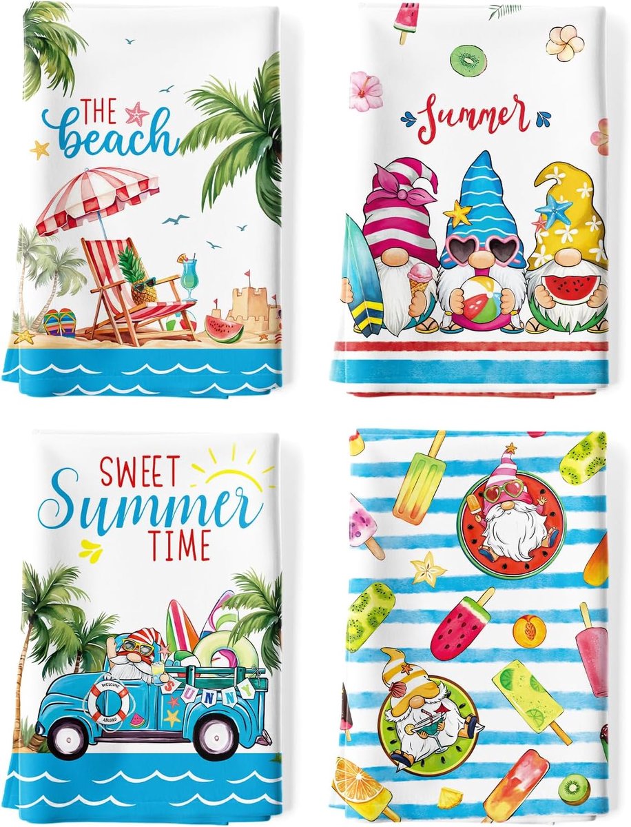 SnelShoppen - Zomer Strand Kabouter Theedoeken 4 Stuks 100% Katoen 48x70 cm Sneldrogend Keukenhanddoeken voor Keuken, Jubileum, Feest en Camping