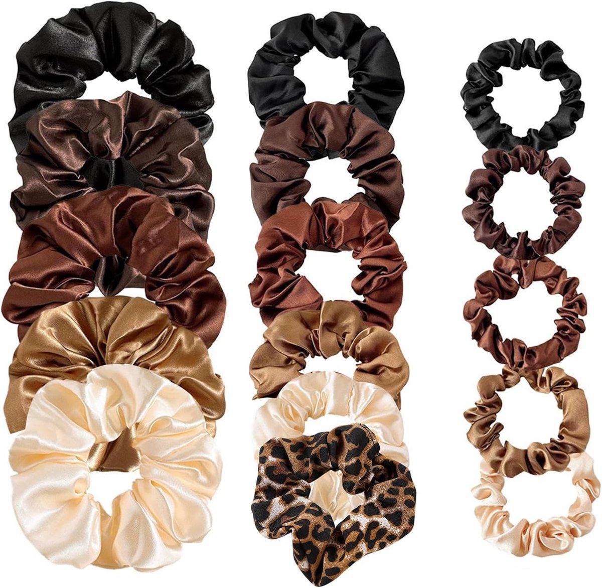 SnelShoppen - Set van 16 Scrunchies Haarelastiekjes Dames - Zijde & Satijn - Luipaardpatroon - Diverse Maten & Kleuren - Perfect voor Feest, Dagelijks