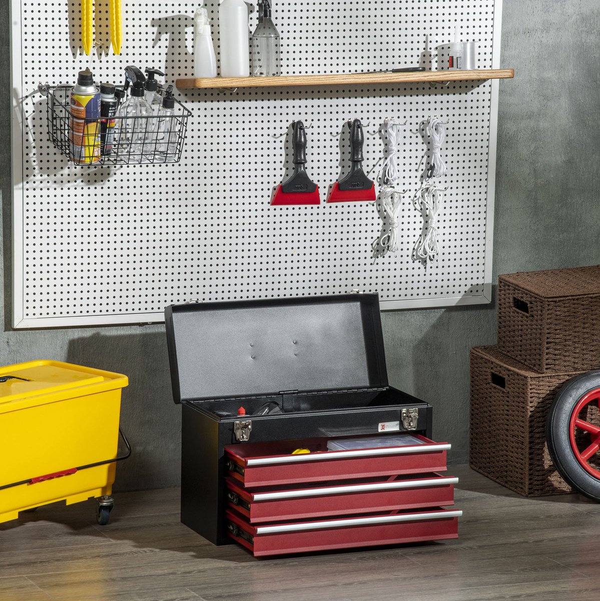 MEUNIQ gereedschapskoffer 51 x 22 x 32 cm met 3 schuifladen, afsluitbaar opbergvak, draaggreep, stalen gereedschapskist zonder gereedschap voor werkplaats of garage, zwart