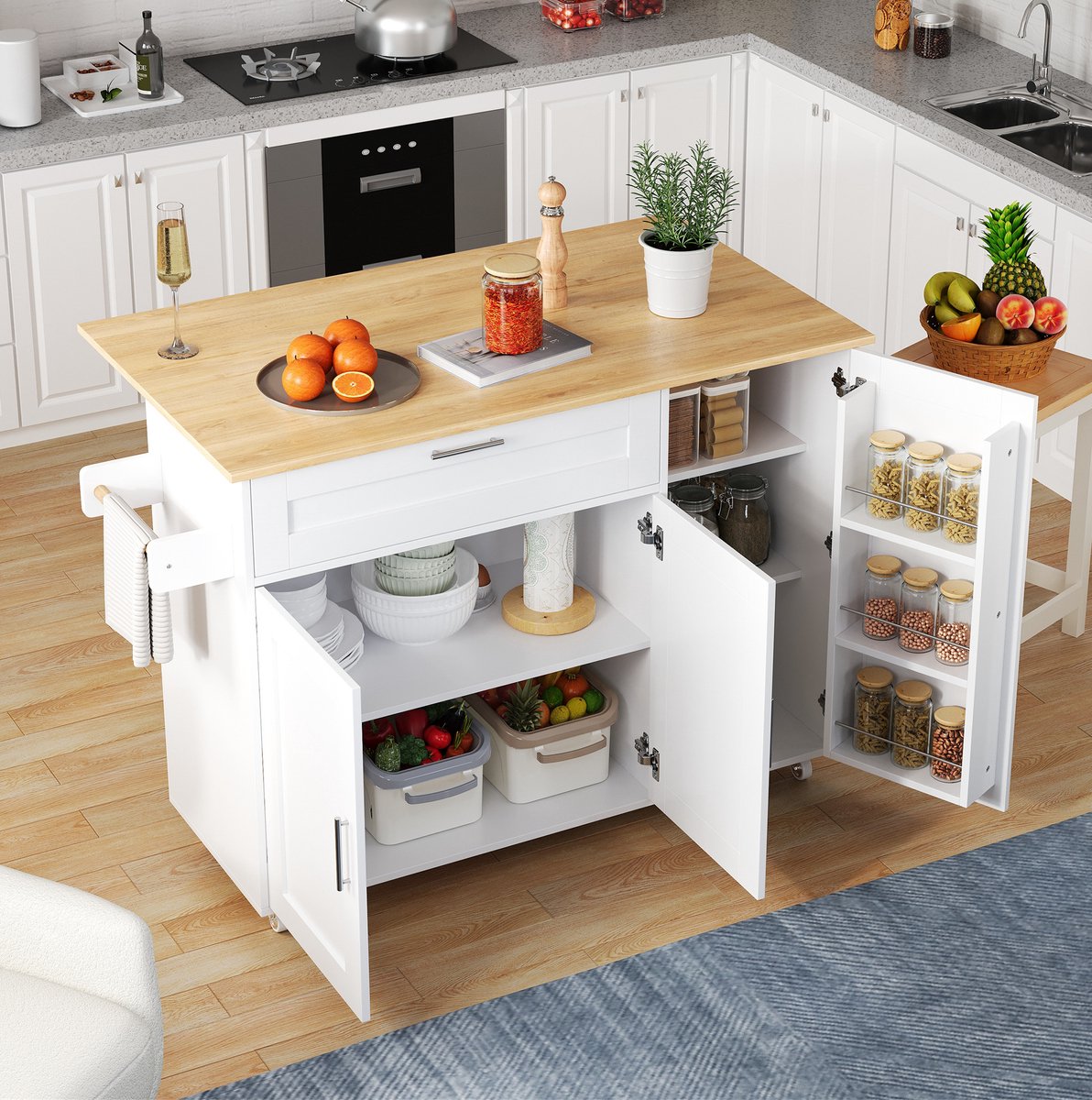 DESMIU Keukenkast - Mobiele Keukentrolley Met Klapbaar Werkblad En Opbergruimte - Voor Keuken En Eethoek - MDF - 132,5x44(70)x90 Cm - Wit Naturel
