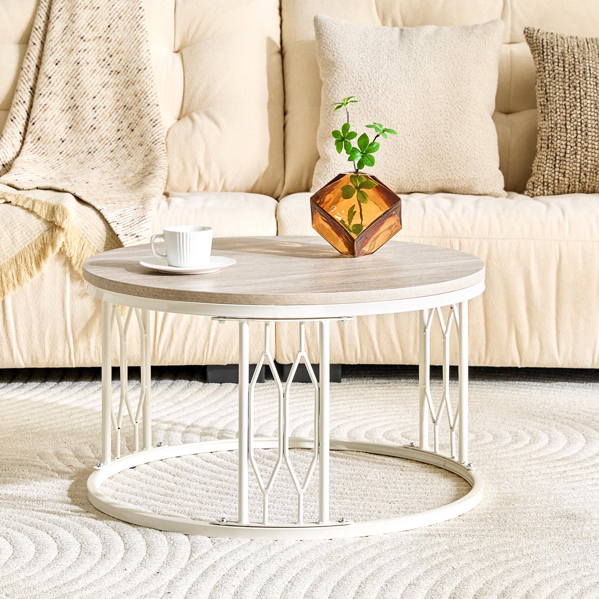 MIVRAY Salontafel - Ronde Koffietafel Met Houtlook En Metalen Frame - Modern Voor Woonkamer En Zithoek - MDF En Wit - 70x40,5 Cm