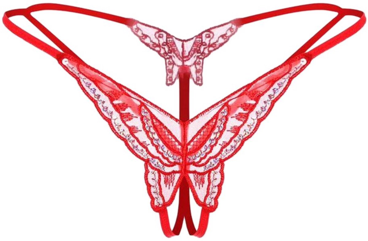 String - Vlinder slipje - Lingerie - Open kruis - Sexy lingerie - Butterfly - Peek-a-boo string - Ondergoed - Onderbroek - One size - Elastisch - Rood - Jonyx