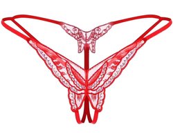 String - Vlinder slipje - Lingerie - Open kruis - Sexy lingerie - Butterfly - Peek-a-boo string - Ondergoed - Onderbroek - One size - Elastisch - Rood - Jonyx
