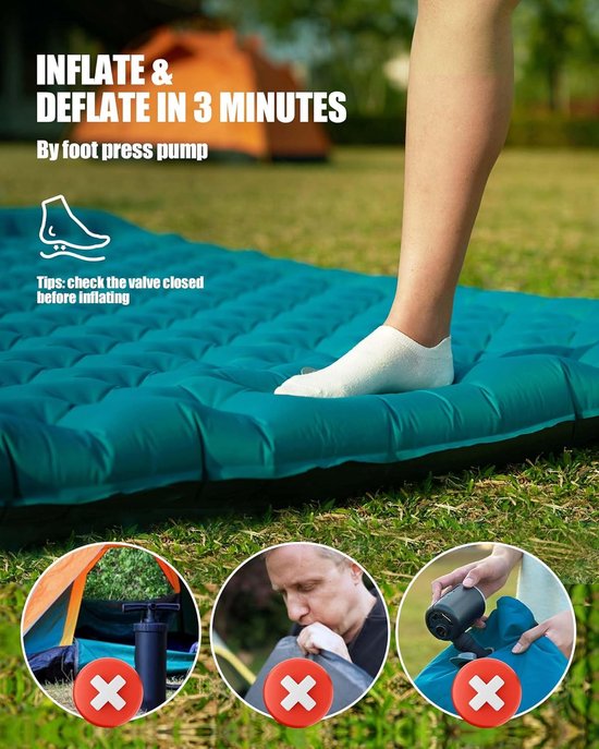 Thijox - Opblaasbare Slaapmat Camping - Extra Dikke Zelfopblazende Mat voor Twee Personen met Voetpomp - Ultrabreed Luchtbed met Kussen - Nylon, Pauwe van Thijox — afbeelding 3