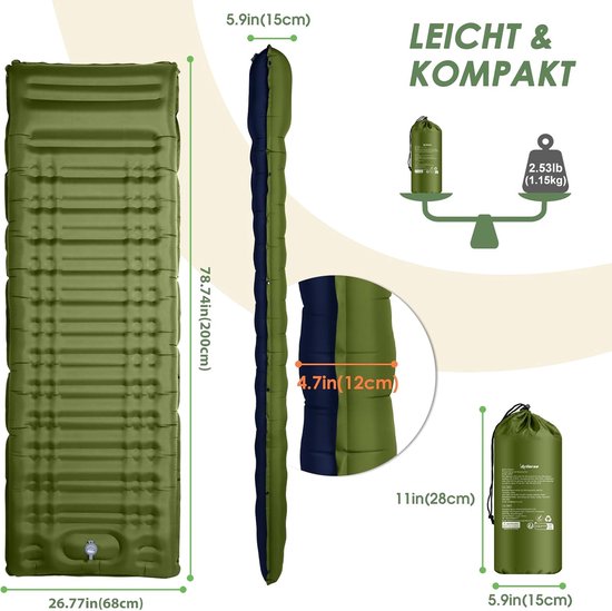 SnelShoppen - Opblaasbaar Campingmatras 12cm Dik met Kussen, Lichtgewicht en Waterdicht, Ideaal voor Backpacken, Tent, Strand en Kampeeruitjes van Snelshoppen — afbeelding 2