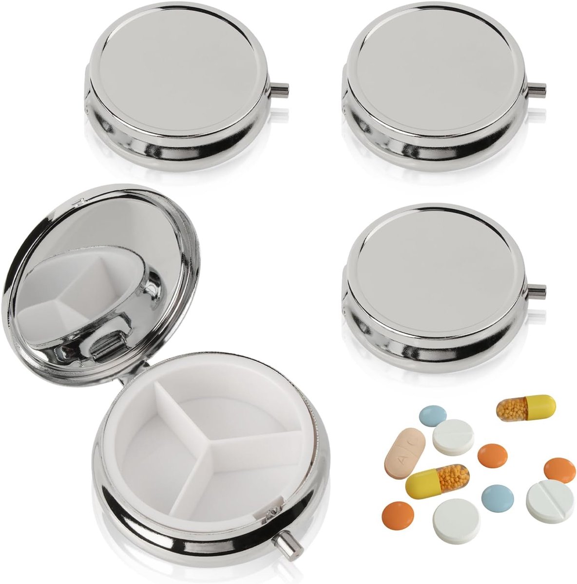 Thijox - 4 stuks Kleine Pillendoosjes met Spiegel, Reis-Pillendozen Rond, 3 Vakken, Mediciendoos van Metalen, Draagbaar en Lichtgewicht voor Portemonn