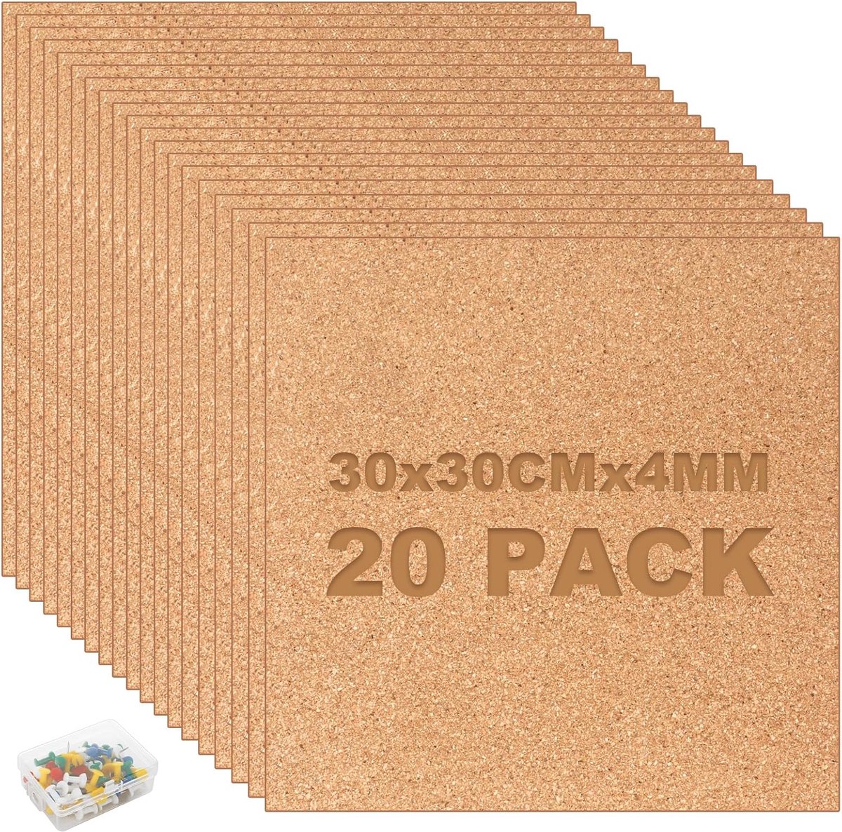 SnelShoppen - 20 Stuks Korken Bord 30 x 30 cm, Korken Pinnwand 4mm met 60 Duimspijkers, Ko