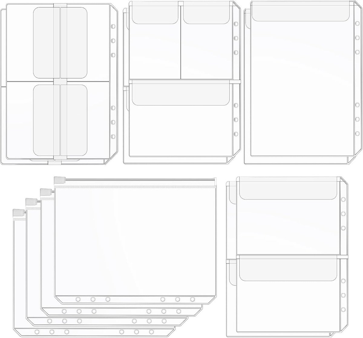 Thijox - 12 stuks A5-ringmappen, transparante PVC-bindmappen met 6 gaten, 5 stijlen voor ansichtkaarten, fotokaarten, briefpapier en kaartenopslag
