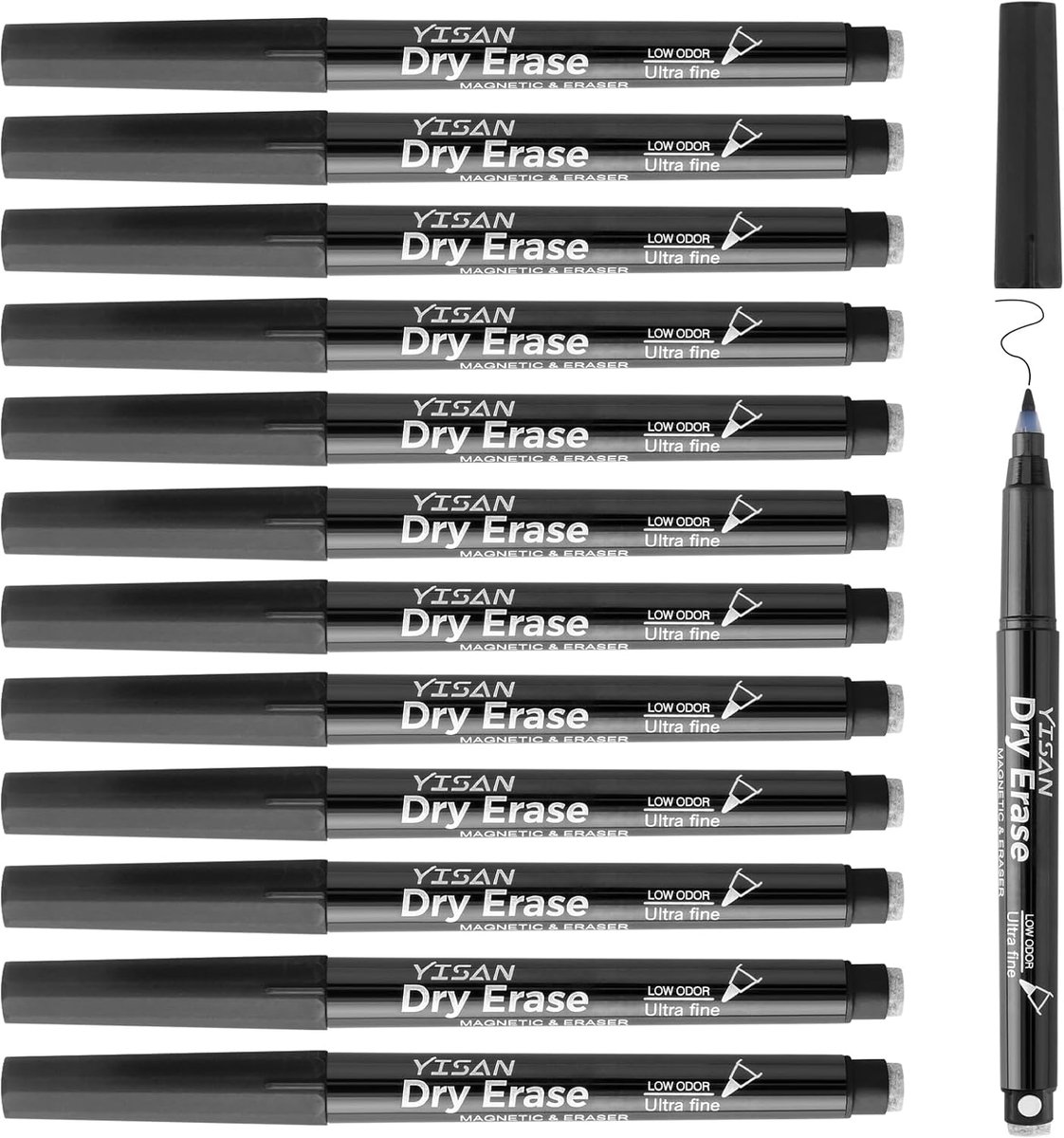 SnelShoppen - Magnetic Whiteboard Pens, Wipeable Markers, Ultra-Fine Tip 0.7mm, Zwart, Eraser, Dunne Stift voor Precisie, Ideaal voor Werk, School en