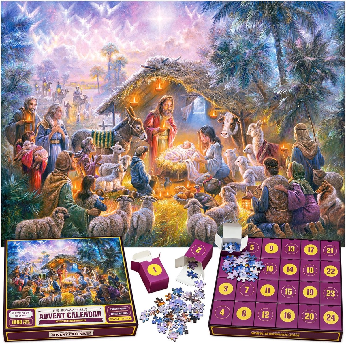 SnelShoppen - De Originele Legpuzzel Adventskalender 2025 – Kerststal, 24 Dozen, 1008 Stukjes, Kerstvakantie Aftellen, Puzzel Voor Kinderen en Volwass