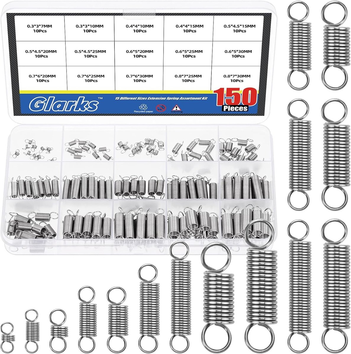 150 Stuks RVS Verlengveren met Dubbele Haak - 15 Maten Tension Springs voor Machinebouw en Industrieel Gebruik