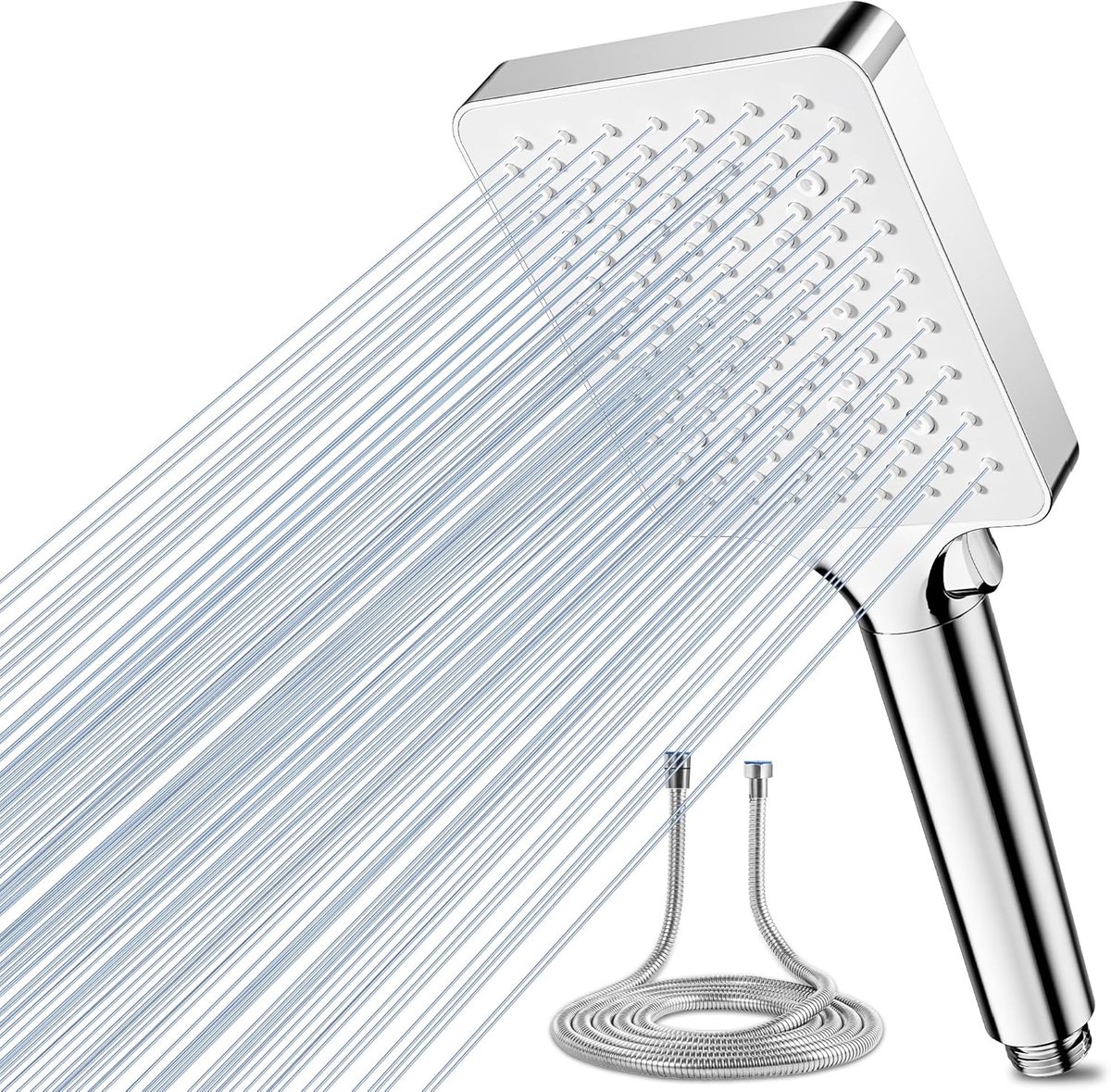 Thijox - Douchekop met slang, 6 Straalsoorten, Hogedruk Waterbesparende Handdouche, Regendouche met 1,5 m Slang, Grote Spaardouchekop voor Luxe Douche
