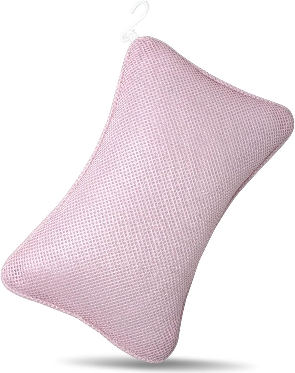 SnelShoppen - 3D Badkussen voor Hoofd en Nek - Ademend Mesh Badkussen met Ergonomische Pasvorm - Roze - Rectangulair met 2 Sterke Zuigkoppen voor Opti