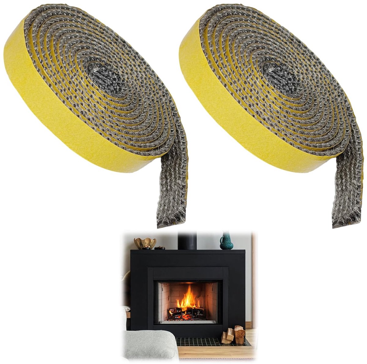 Dailygoods - Haardafdichting, zelfklevend, 2 stuks, 3 mm x 1 cm x 2 m, platte afdichting voor houtkachel, hittebestendig 550 graden Celsius, beschermende accessoires voor open haard en glas