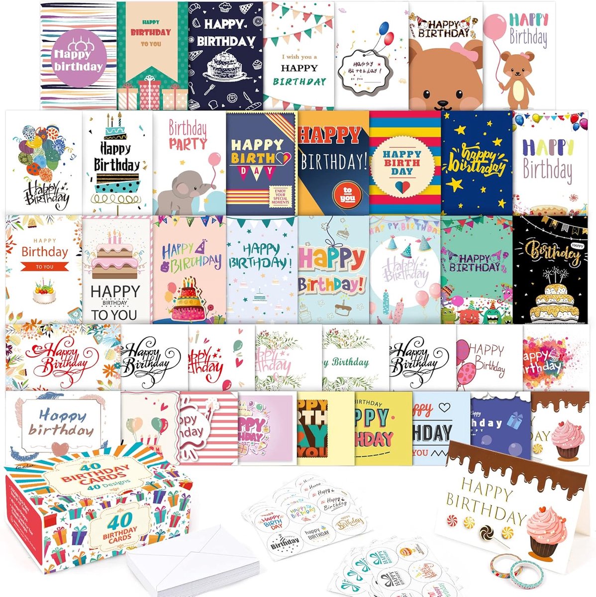 SnelShoppen - 40 Verjaardagskaarten Set, 40 Unieke Ontwerpen, Inclusief 40 Enveloppen, 48 Stickers, 2 Washi Tapes, 10 x 15.5 cm, Voor Vrouwen, Mannen,