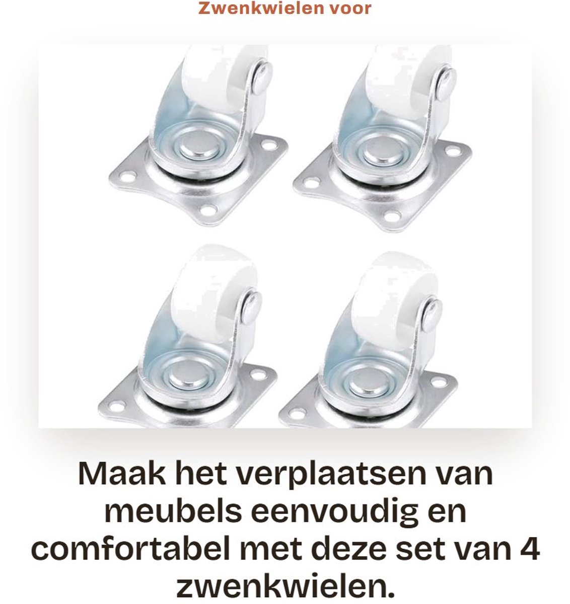 Dailygoods- Zwenkwielen Set van 4 - Draaibare Wielen - 30 kg Draagkracht - 25 mm Diameter - Slijtvast Polypropyleen - Wit - Meubelwielen