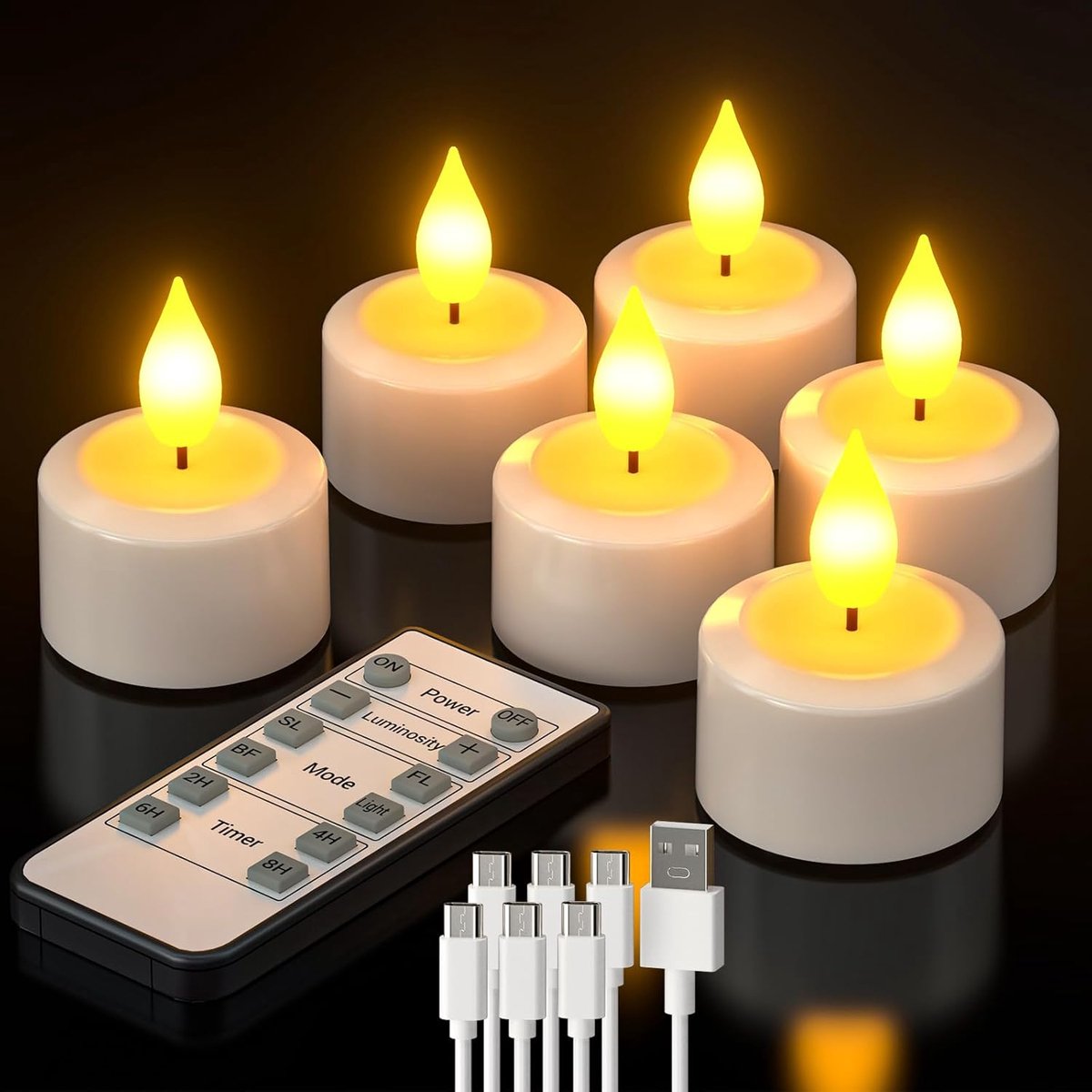 SnelShoppen - Set van 6 Oplaadbare LED Theelichten met Timer en Afstandsbediening - Flameless Flickering Dimbare Kaarsen voor Thuis, Feest, Halloween,