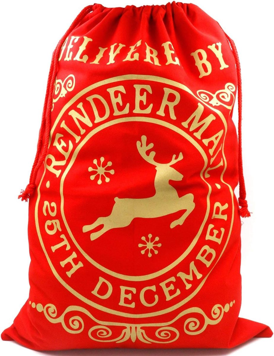 Thijox - Rood Kerstman-zak met Rendier Motief, Grote Geschenktas met Trekkoord, Leuke Cadeauverpakking voor Feestdagen, Ruime Inhoud, Perfect voor Ker