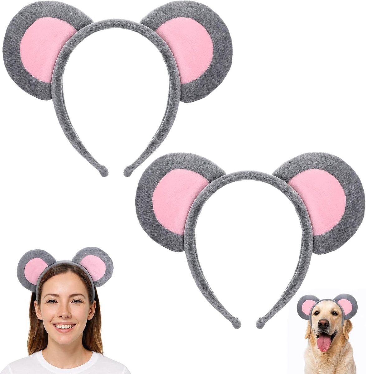 Set van 2 Grijze Muizenoortjes Haarbanden voor Kinderen en Volwassenen - Dierenkostuum, Cosplay, Feestaccessoire