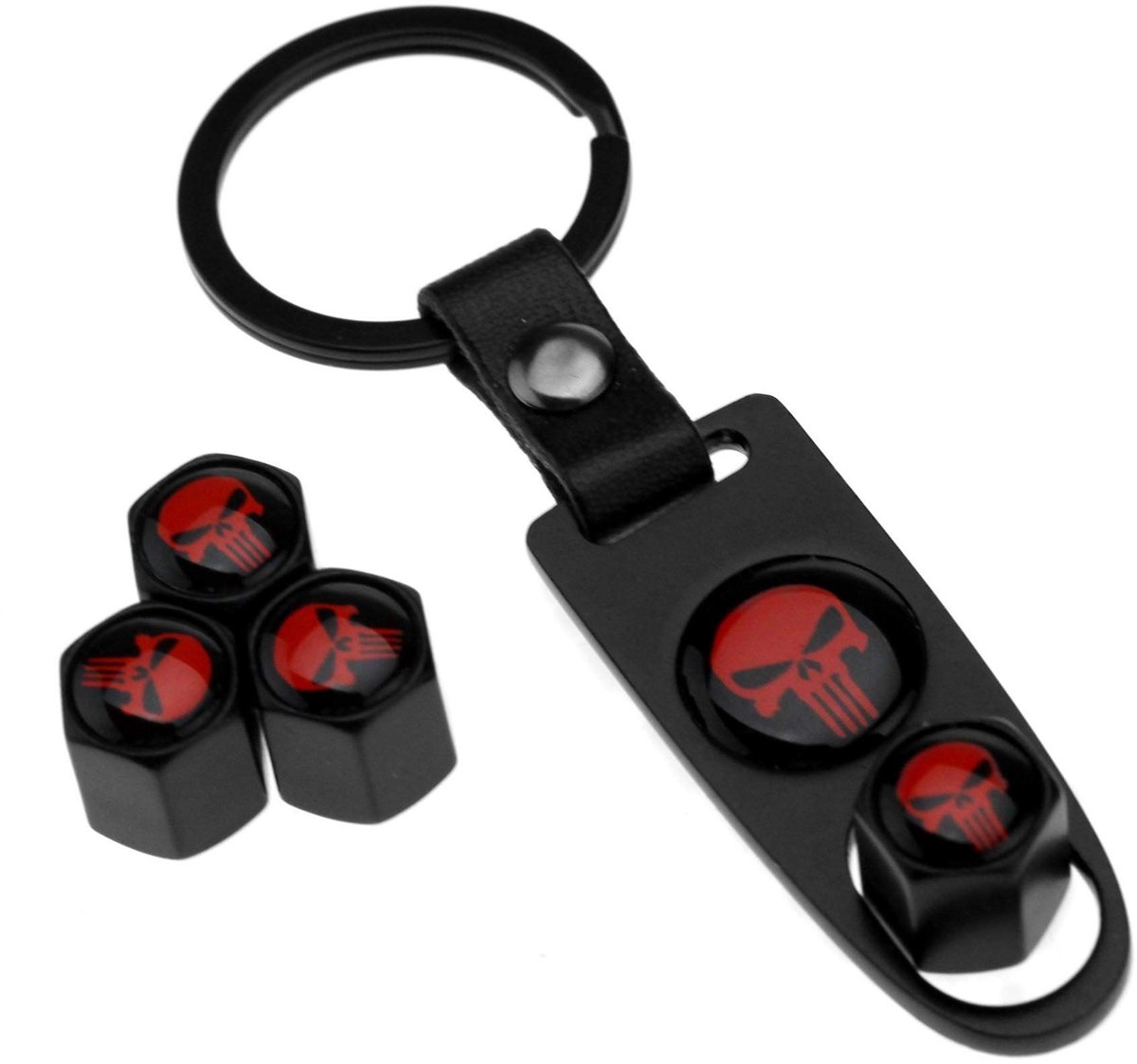 Dailygoods - Ventieldoppen - Metalen Schedel - 4 Stuks - Voor Auto Luchtwiel - Sleutelhanger - Stofkap - Geschikt voor Achterwielen