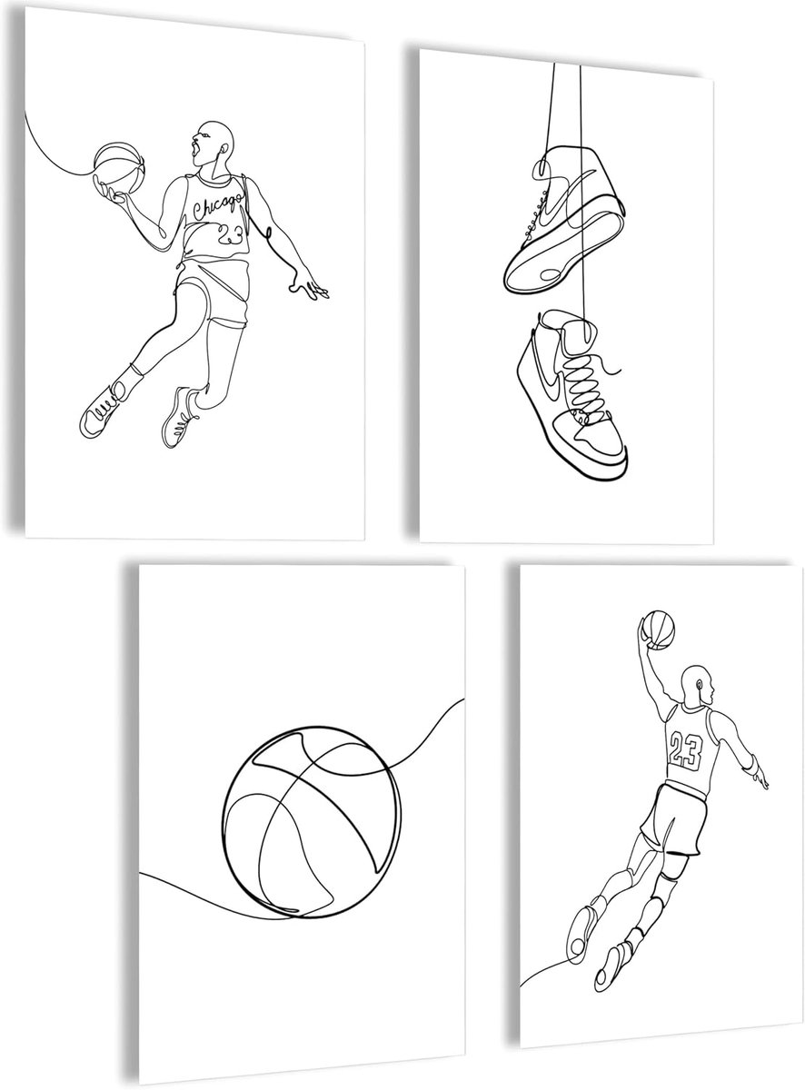 SnelShoppen - Basketball Poster Set - Wanddecoratie, Aesthetic Wandkunst, muurposters, hoogwaardig papier, 4 stuks, moderne stijl voor slaapkamer, woo