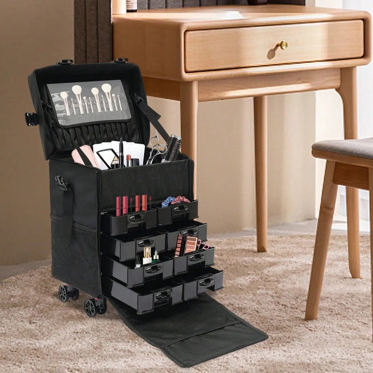 Dailygoods Professionele rollende make-upkoffer met 8 verwijderbare lades en 360 ° Wielen | Meerlaagse cosmetische troll