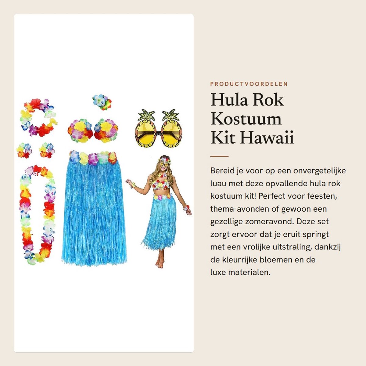 Dailygoods- Hula Rok Set - 8 Pack - Gras Rok - Bloem Hoofdband - Hibiscus Haarclip - Ananas Zonnebril - Taille 50-90 cm - Luau Kostuum