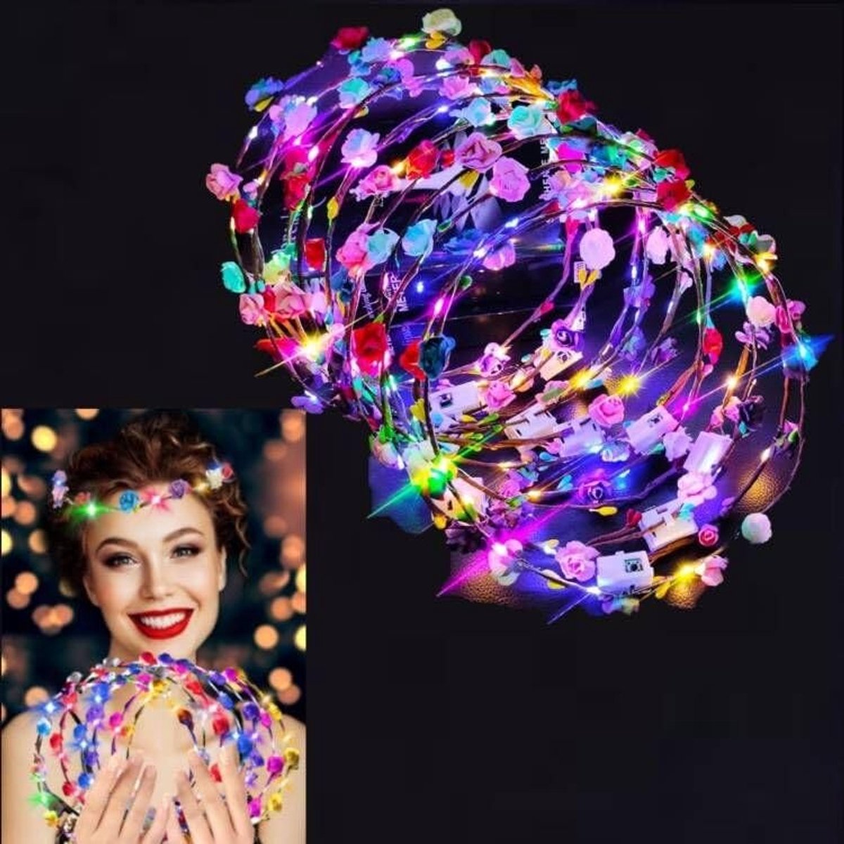 Dailygoods- LED-Bloemen 12 Stuks - Meerkleurig - Kunststof - Hoofdband - Kroon - Geschikt voor Dames en Meisjes - Bloemenhoofdtooi
