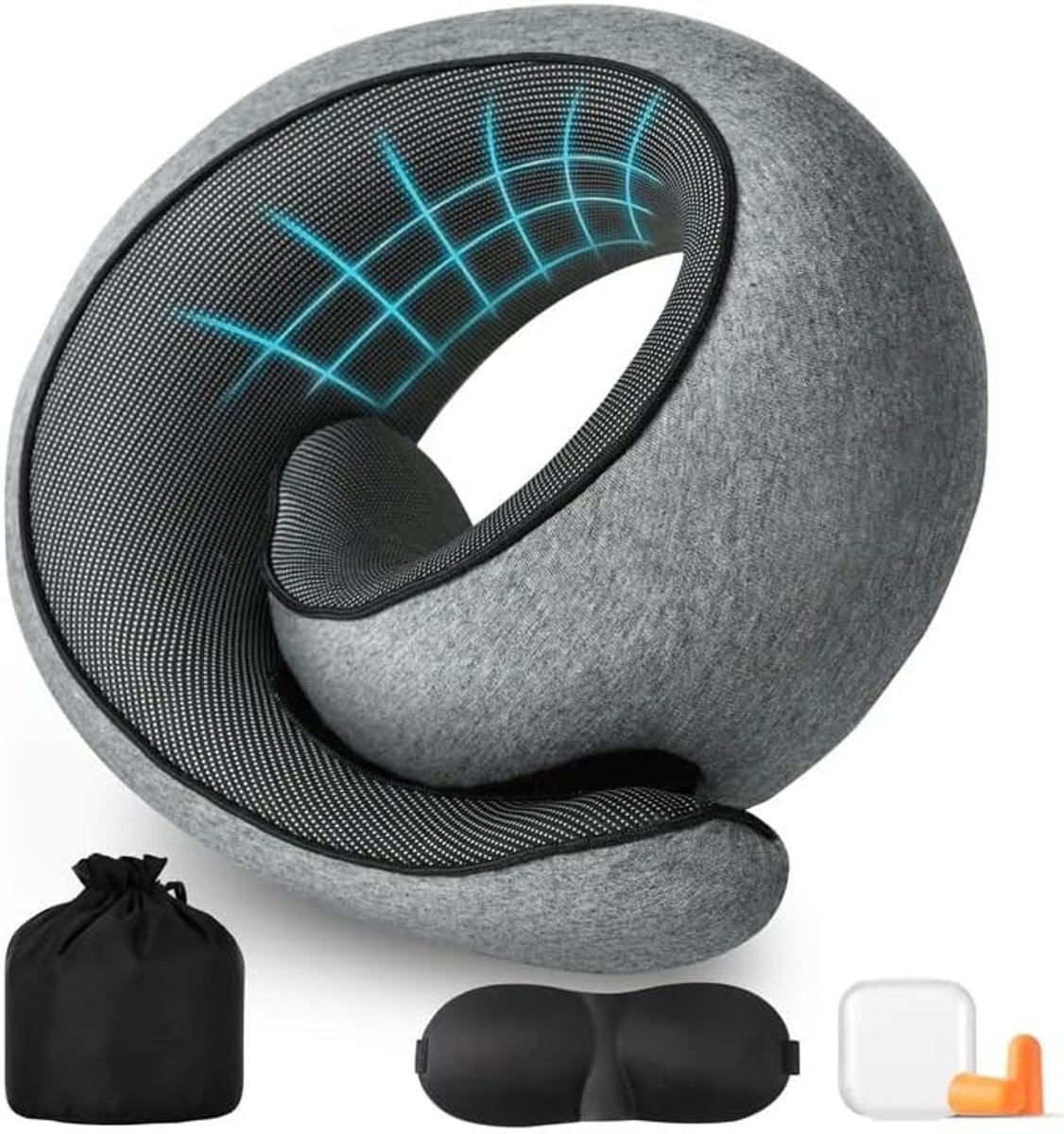 Thijox - Ergonomisch nekkussen voor reizen - Visco-elastisch traagschuim vliegtuig kussen - Ondersteuning voor nek en hoofd - Comfortabel reiskussen m