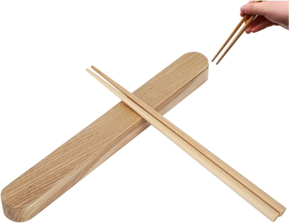 Houten eetstokjes set met opbergtas - Herbruikbare en draagbare tafelaccessoires voor school, kantoor en picknick