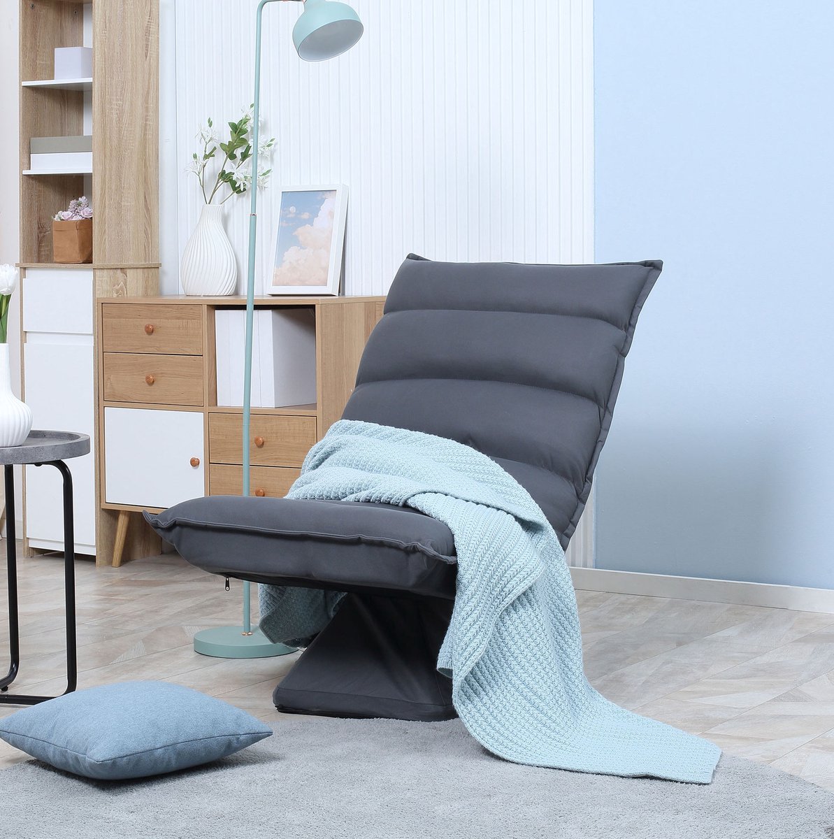 MEUNIQ relaxfauteuil 62 x 70 x 95 cm, 360° draaibare bodemfauteuil met 5-voudig verstelbare rugleuning, gepolsterde zitting en metalen frame voor woonkamer