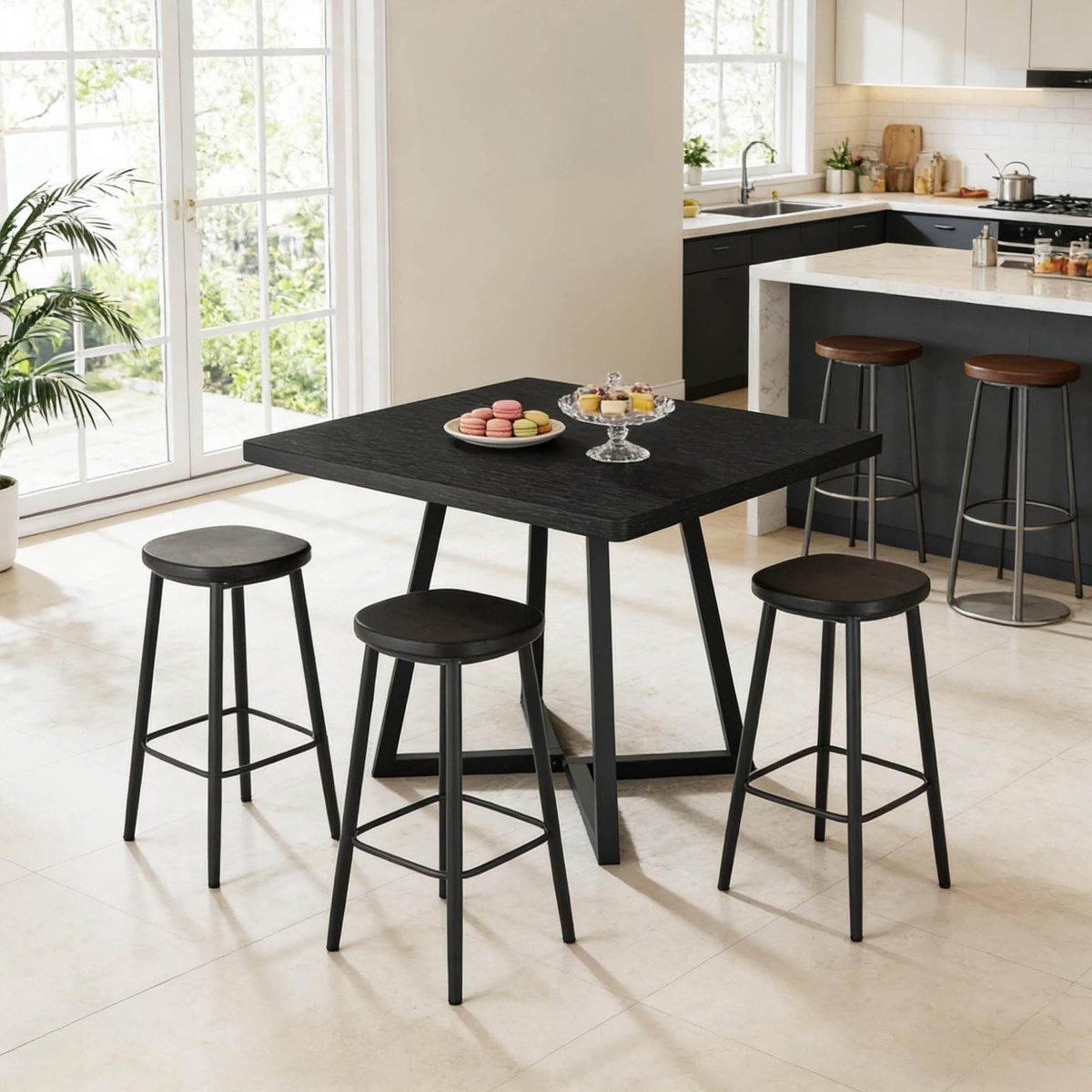 MIVRAY Eettafel - Vierkante Industriële Tafel Voor 2 Tot 4 Personen - Voor Keuken Eethoek En Werkruimte - MDF En Metaal - Zwart - 80x80x75 Cm