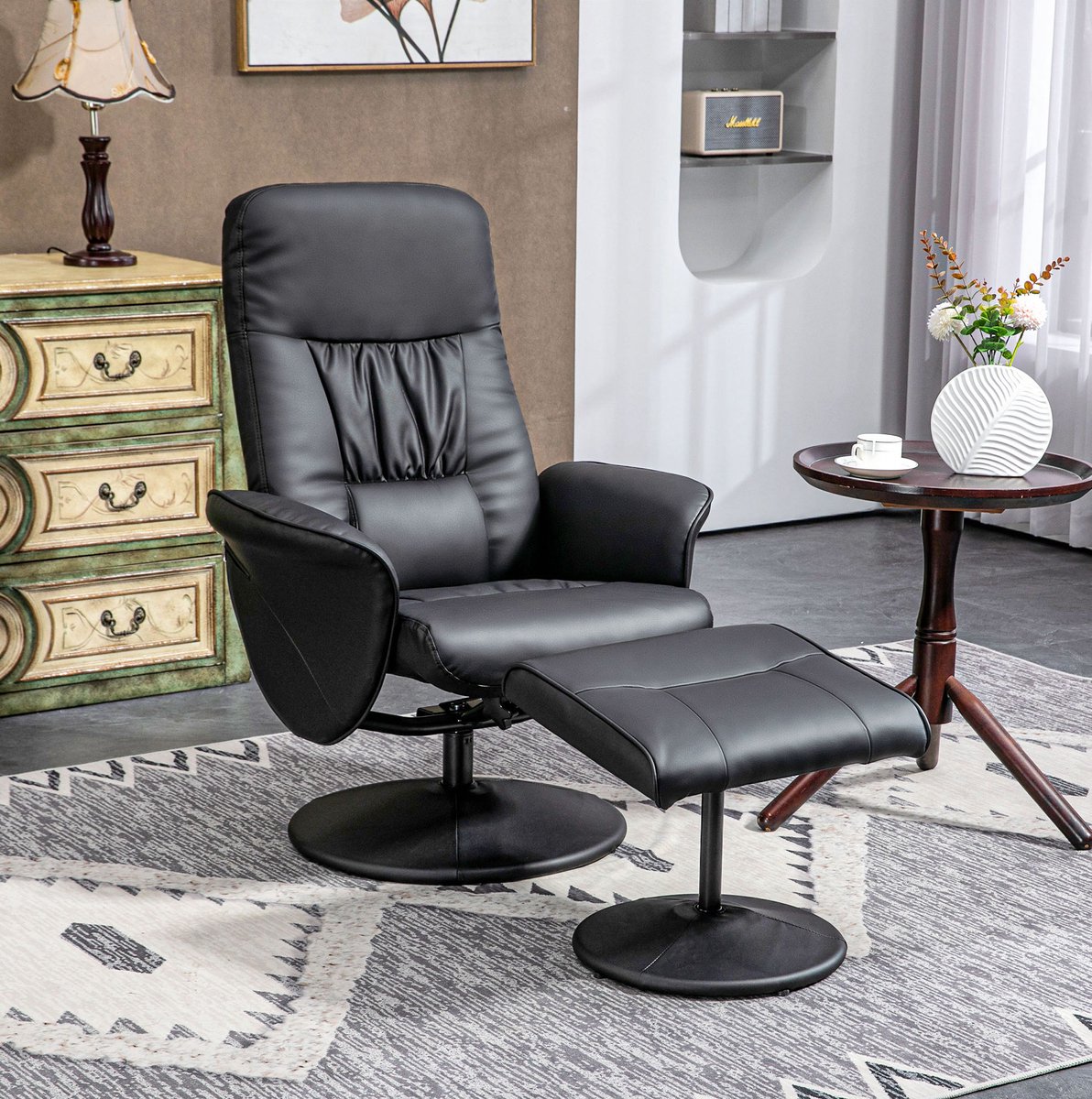 MEUNIQ Relaxfauteuil met hocker en ligfunctie 76 x 81 x 101 cm, draaibare fauteuil van kunstleer met armleuningen en metalen onderstel voor woonkamer of slaapkamer, zwart