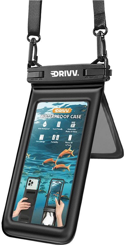 Zwarte DRIIV waterdichte telefoonhoes met dubbele sluiting, toont scherm met onderwaterfoto's.