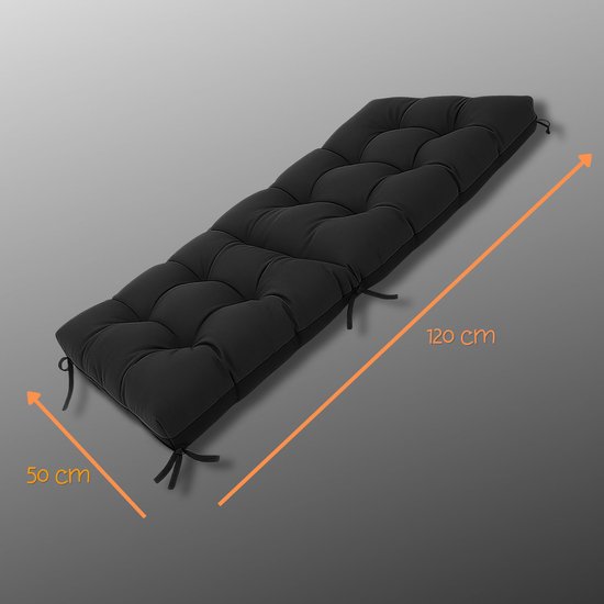 Zwart, extra dikke tuinstoelkussen van 120 cm lang en 50 cm breed, met bindlinten.
