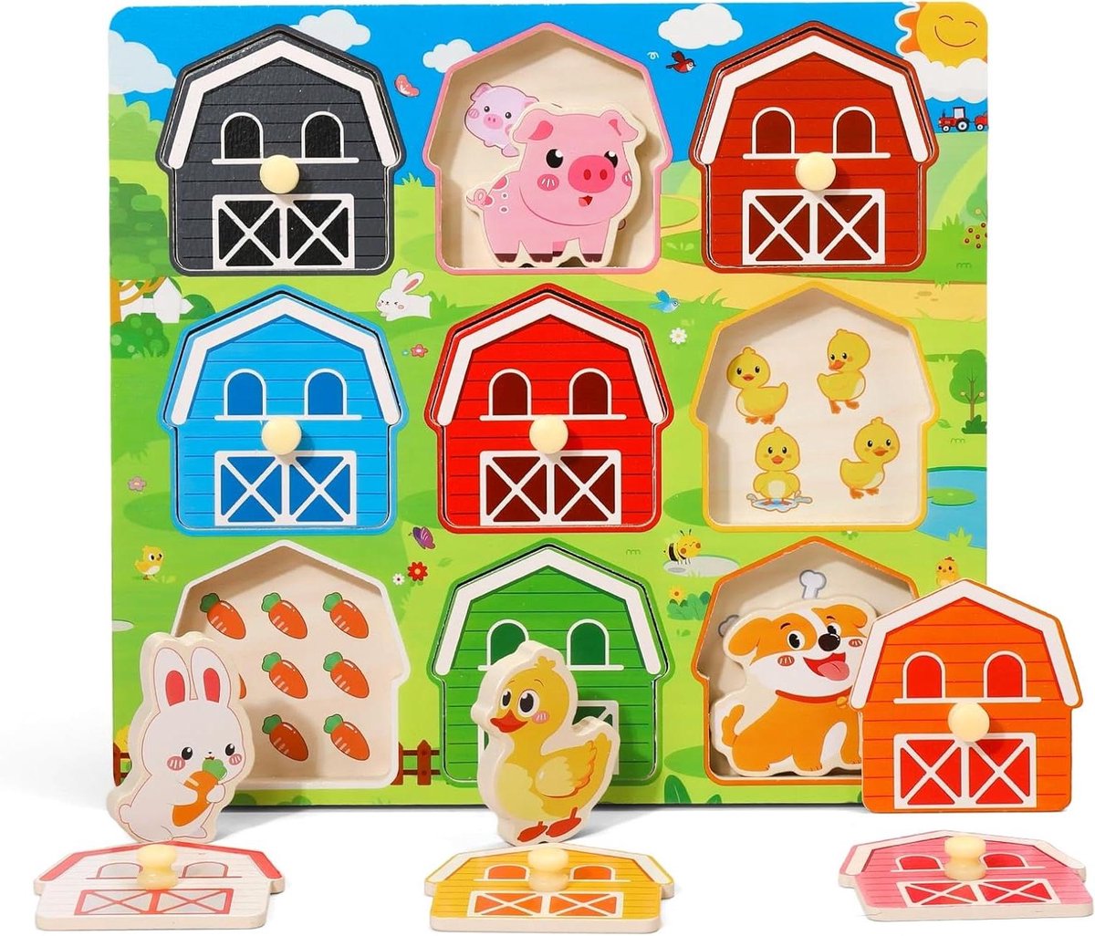 Houten Puzzel - Montessori Speelgoed - Motoriek Ontwikkelen - Negen Dieren - 19 Stuks - Meerkleurig