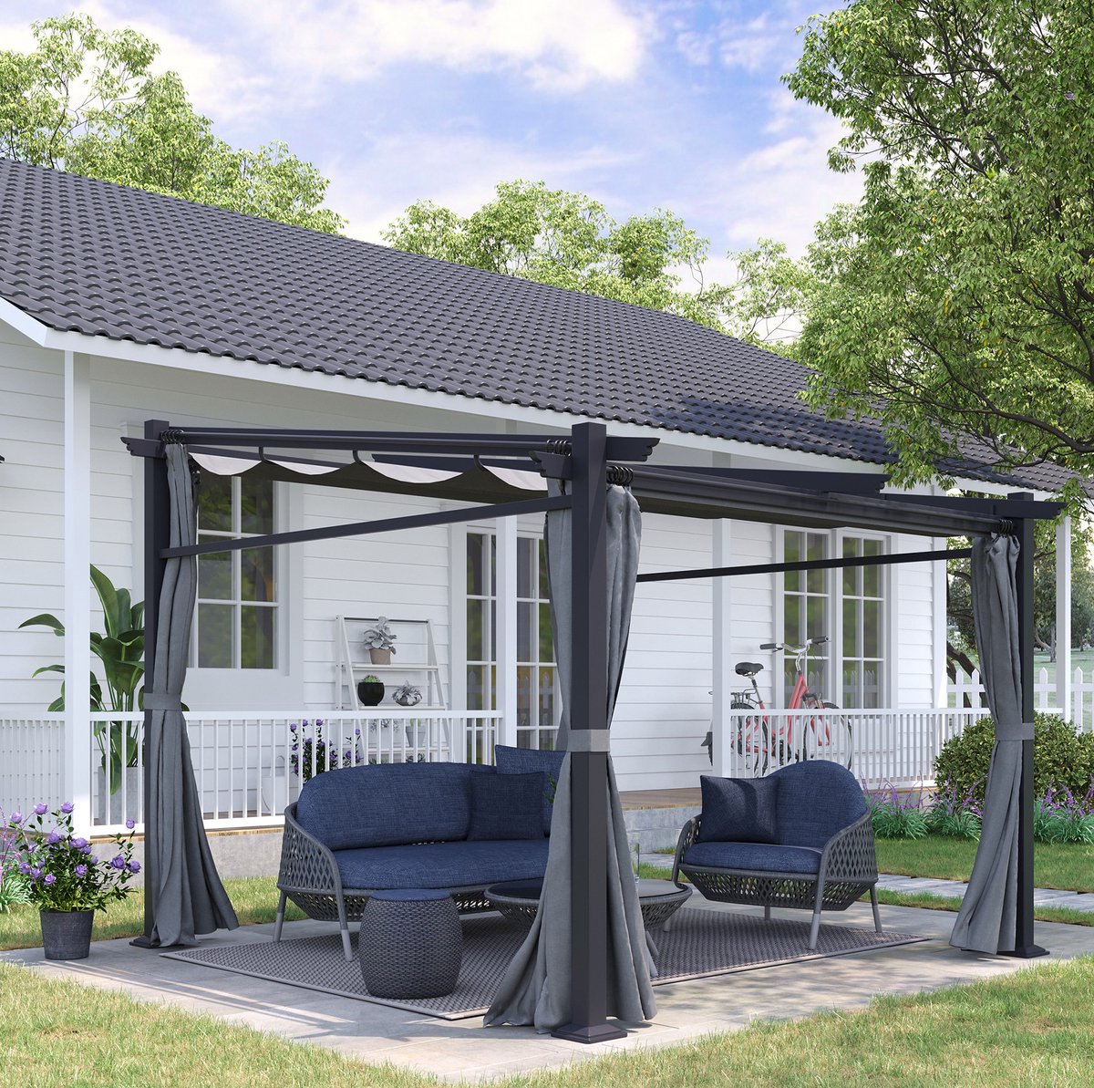 MEUNIQ Pergola 297 x 295 cm met uitschuifbaar zonnedak, zijpanelen en waterafstotende overkapping voor terras of tuin, staal en polyester, donkergrijs
