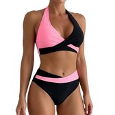 Zwart roze bikini set dames halter bikini zwempakset met gekruiste rug en split ontwerp hoge taille bikini broekje 2 delige strandkleding vakantie zwemkleding maat S