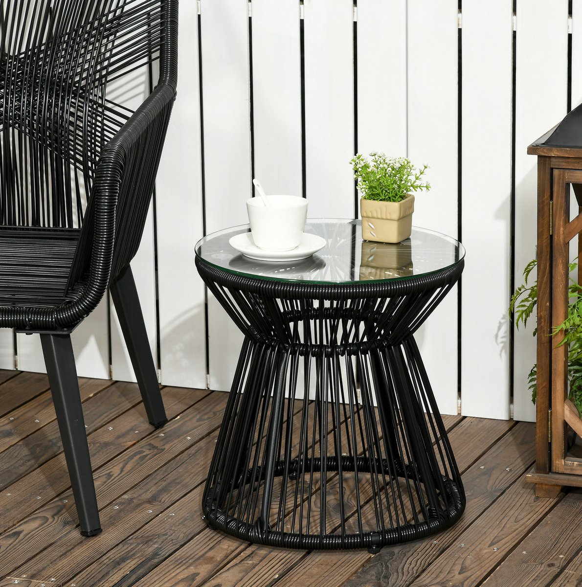MEUNIQ ronde bijzettafel tuin 40 x 40 x 42 cm met 5 mm gehard glazen tafelblad, PE-rattan en metalen frame, zwarte tuintafel voor balkon en terras