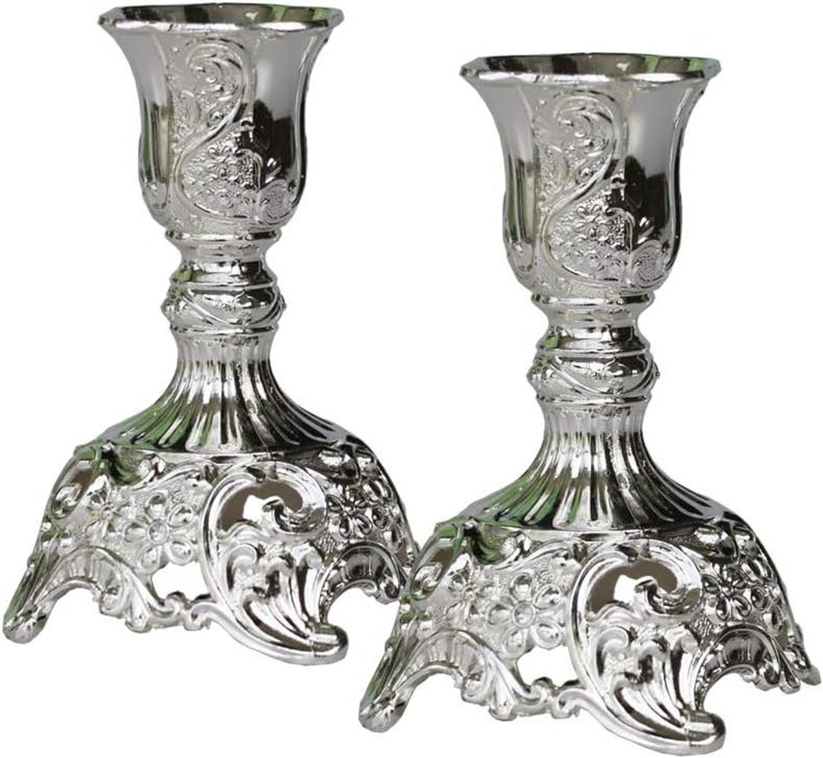 Kandelaars Set - Kaarshouders Metaal - Sfeervol Dineren - Luxe Gegraveerd Ontwerp - Set van 2 - Zilverkleurig